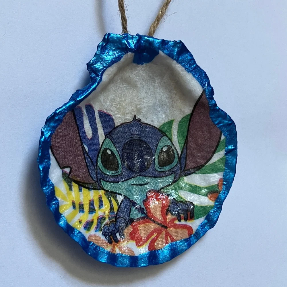 Disney Stitch Handcrafted Shell Ornament Blue Metallic Decoupage - Picture 1 of 4